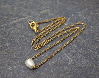 White Pearl Gold Chain Necklace, Large Hole Freshwater Pearl Chain Jewelry, Gold Cable Chain, Pearl Necklace, White Pearl Pendant