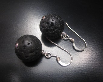 Lava Stone Earrings, Lava Stone Jewelry, Black Lava Earrings, Black Earrings, Diffuser Earrings Jewelry, Sterling Silver, 12mm Pumpkin Beads