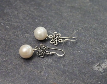 White Pearl Celtic Earrings, Large Freshwater Pearl Antique Silver Eternity, Sterling Silver, Pearl Earrings, Celtic Irish Earrings