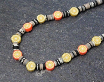 Lemon Orange Citrus Necklace, Fruit Necklace, Black White, Clay Fruit Beads, Clay Necklace, Black Gray White Clay Rondelles, Fruit Jewelry