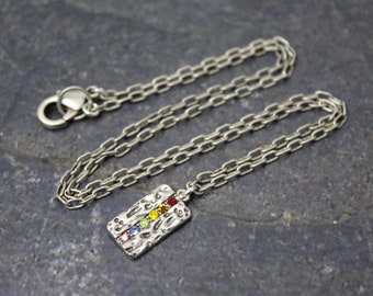 Antique Silver Rainbow Chain Necklace, Rainbow Crystal Hammered Rectangle, Chain Necklace, Rainbow Pendant, Hammered Pendant Rainbow Jewelry