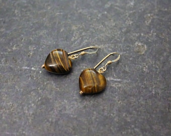 Tiger Eye Heart Earrings, Heart Earrings, Brown Tiger Eye Gold Earrings, Brown Jewelry, Tiger Eye Jewelry, Brown Heart, Tiger Eye Dangle