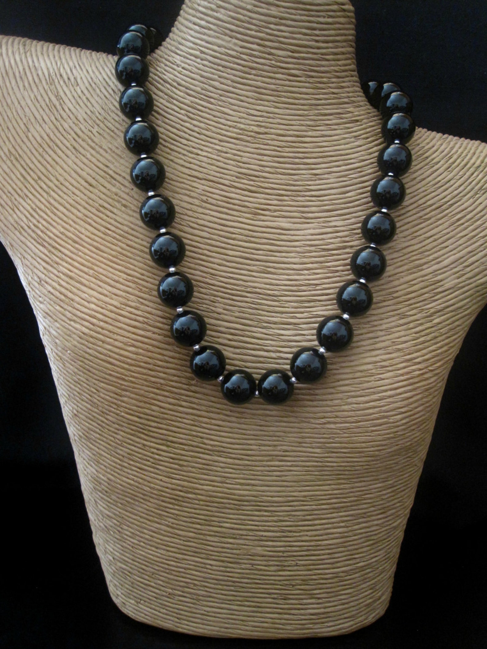 Black Onyx Necklace 14mm Onyx Round Beaded Sterling Silver Etsy