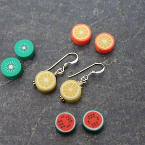 Clay Fruit Sterling Silver Dangle Earrings: Lemon, Orange, Kiwi