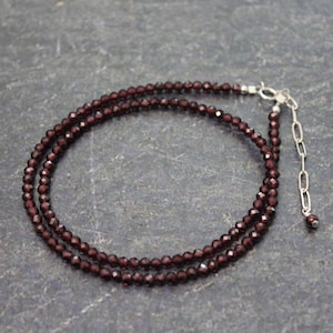 Faceted Garnet Necklace, 3mm Garnet Round Beaded Sterling Silver, Red Bead Necklace, Garnet Jewelry, Garnet Choker, January Birthstone