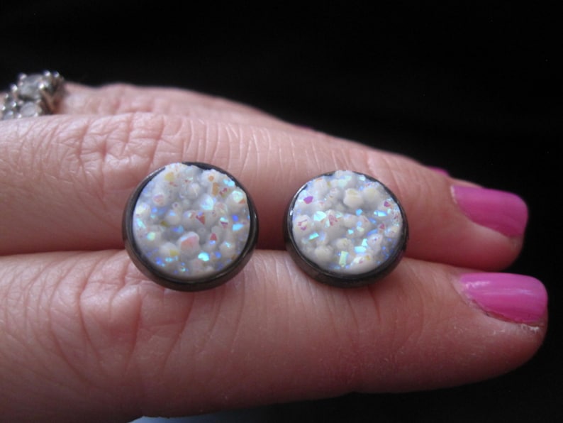 Gunmetal Post White 12mm Druzy Post Stud Earrings Gunmetal White Druzy Earrings White Druzy Earrings Druzy Earrings Drusy Earrings