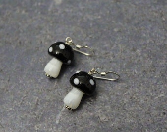 Black Mushroom Earrings, Glass Mushroom, Mushroom Jewelry, Blown Glass Mushroom, Sterling Silver, White Black Mushroom