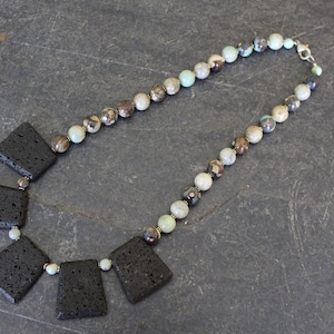 Verde Terra Agate Lava Stone Fan Pendant Necklace, Verde Terra 10mm Agate. Lava Stone Pendant, Lava Necklace, Black Lava Stone Agate Jewelry