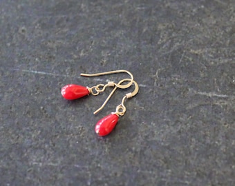 Red Coral Teardrop Earrings: 14K Gold Filled Tiny Dangle Jewelry