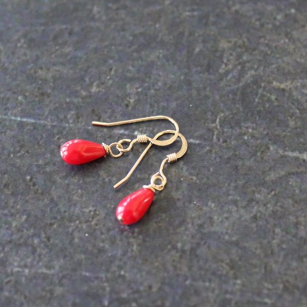 Red Coral Tiny Teardrop Gold Earrings, Red Coral Teardrops, 14K Gold Filled, Red Coral Jewelry, Teardrop Earrings, Red Earrings