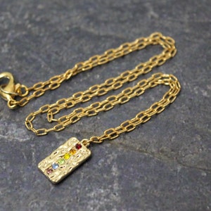 Antique Gold Rainbow Chain Necklace, Rainbow Crystal Hammered Rectangle, Chain Necklace, Rainbow Pendant, Hammered Pendant Rainbow Jewelry