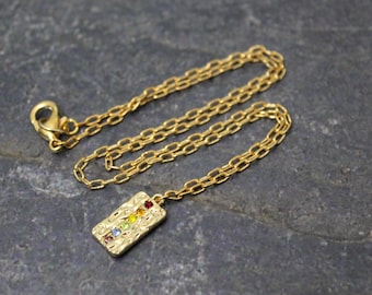 Antique Gold Rainbow Chain Necklace, Rainbow Crystal Hammered Rectangle, Chain Necklace, Rainbow Pendant, Hammered Pendant Rainbow Jewelry