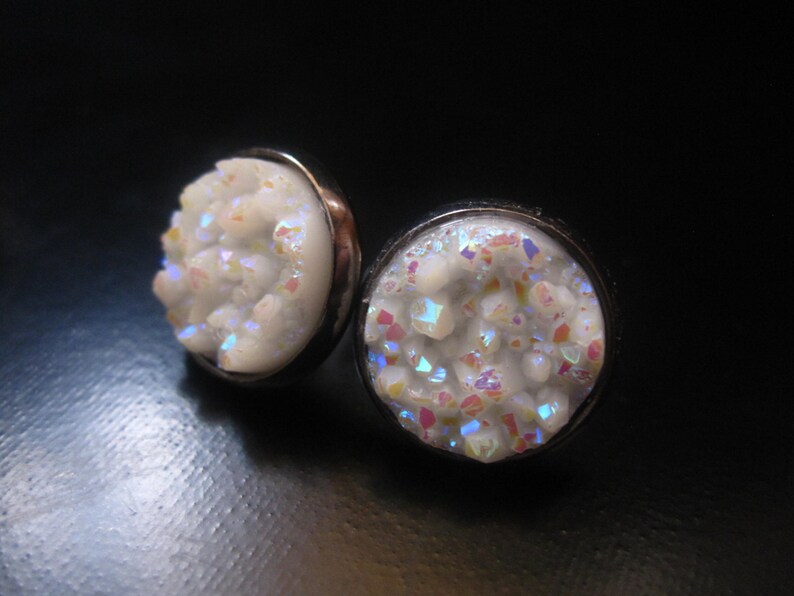 Gunmetal Post White 12mm Druzy Post Stud Earrings Gunmetal White Druzy Earrings White Druzy Earrings Druzy Earrings Drusy Earrings