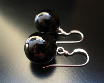 Black Onyx Earrings, Black Onyx Rounds and Sterling Silver, Black Onyx Earrings, Big Black Bead Earrings, Globe Earrings, 12mm Stone