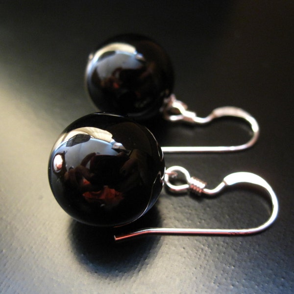 Black Onyx Earrings, Black Onyx Rounds and Sterling Silver, Black Onyx Earrings, Big Black Bead Earrings, Globe Earrings, 12mm Stone