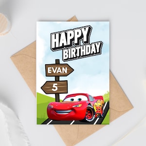 Tarjeta de cumpleaños infantil / Tarjeta de coche animado / Tarjeta de cumpleaños infantil personalizada / Tarjeta de cumpleaños de coche / de carreras