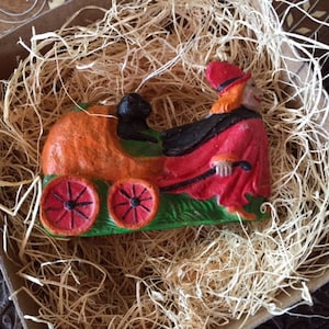 New 3D Paper Halloween Dresden Ornament Witch Pulls Black Cat in Pumpkin Cart