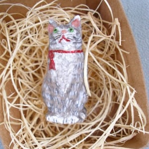 New Dresden Paper Christmas Ornament Grey Tabby Kitty Cat w Red Box Decoration