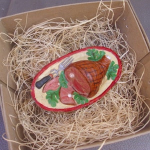 New Dresden Paper Christmas 3D Ornament Ham Dinner on Platter w Garnish & Serving Fork