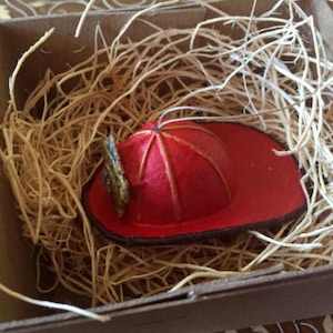 New 3D Paper Dresden Old Fashioned Red Fireman's Helmet w Shield  Christmas Ornament