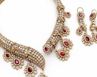 Gold Plated Red CZ Choker Necklace and Earrings Bridal Set