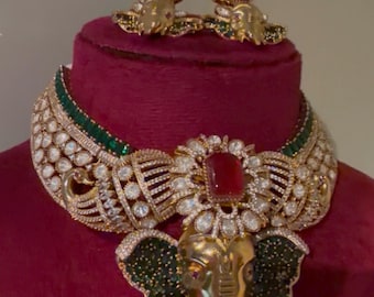 Sabysachi gold Plated Polki Kundan Ganpati Necklace Set with Earrings – Indian Wedding Statement Jewelry