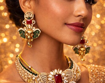 Sabysachi gold Plated Polki Kundan Ganpati Necklace Set with Earrings – Indian Wedding Statement Jewelry