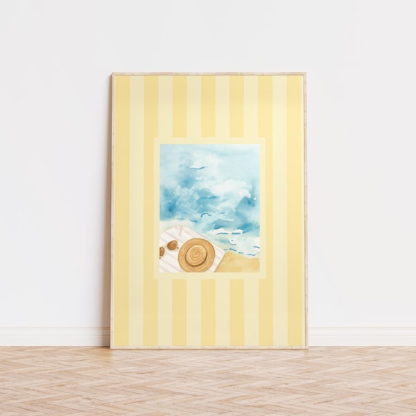 Beach Print, Yellow Stripes Art, Beach Wall Art, Coastal Aesthetic, Preppy Room Decor, Aesthetic Wall Art, Museum Quality Art Print