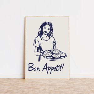 Bon Appetit プリント ブルー、キッチン ウォール アート、トレンディなアート プリント、プレッピーな部屋の装飾、美しいウォール アート、美術館品質のアート プリント