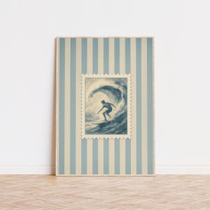 Surfing Striped Poster, Coastal Living Room Wall Art, Nautical Striped Decor, Retro Print, Aesthetic Wall Art, Museum Quality Art Print