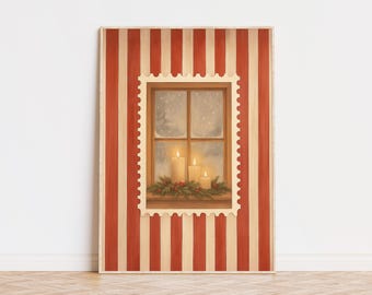 May include: A framed print featuring a window scene with three lit candles, a snowy outdoor view, and a festive garland. The frame has a red and cream striped pattern, and the window image is in a postage stamp style.