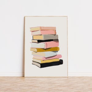 積み重ねられた本のプリント、読書家、流行のアートプリント、プレッピーな部屋の装飾、美しい壁アート、美術館品質のアートプリント