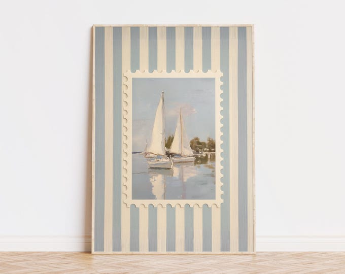Sailing Striped Poster, Coastal Living Room Wall Art, Nautical Striped Decor, Retro Print, Aesthetic Wall Art, Museum Quality Art Print