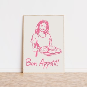 Bon Appetit プリント ピンク、キッチン ウォール アート、トレンディなアート プリント、プレッピーな部屋の装飾、美しいウォール アート、美術館品質のアート プリント