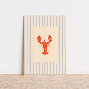 Lobster Striped Print, Girly Beach Print, Coastal Print, Trendy Prints, Preppy Room Decor, Aesthetic Wall Art, Museum Quality Art Print
