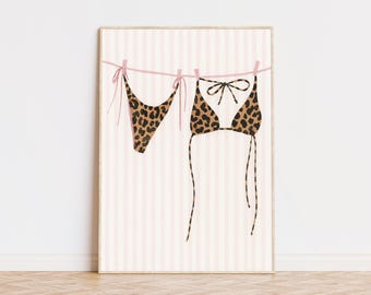 Leopard Bikini Print, Pink Stripes Art, Beach Wall Art, Coastal Aesthetic, Preppy Room Decor, Aesthetic Wall Art, Museum Quality Art Print