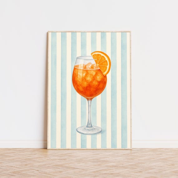 Aperol Spritz Print, Cocktail Wall Art, Bar Cart Art, Striped Wall Art, Coastal Bar Prints, Aesthetic Wall Art, Museum Quality Art Print