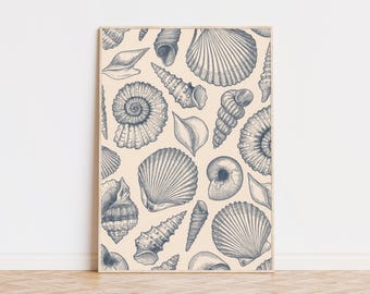 Blue Sea Shells Print, Girly Beach Print, Navy Blue Poster, Trendy Art Prints, Preppy Room Decor, Aesthetic Wall Art, Museum Quality Art