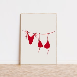 Czerwony nadruk bikini, dziewczęcy nadruk plażowy, sztuka na wózku barowym, modne nadruki artystyczne, wystrój pokoju w stylu preppy, estetyczna sztuka ścienna, wydruk artystyczny jakości muzealnej