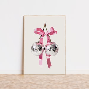 Cherry Print, Pink Disco Coquette Print, Bar Cart Art, Trendy Art Prints, Preppy Room Decor, Estetyczna sztuka ścienna, Museum Quality Art Print