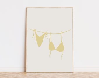 Impresión artística de línea de bikini en amarillo mantequilla, decoración preppy de moda