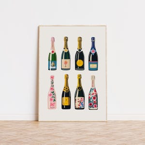 ワインボトルプリント、シャンパンウォールアート、バーカートアート、トレンディなアートプリント、プレッピールームの装飾、美的ウォールアート、美術館品質のアートプリント