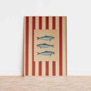 Vintage Fish Print, Coastal Kitchen Wall Art, Nautical Striped Decor, Retro Print, Seafood Poster, Aesthetic Wall Art, Museum Quality Art