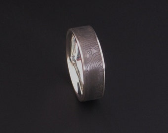 9mm Finger Shaped Stainless Steel Damascus Ring with recycled 950 Palladium Rails