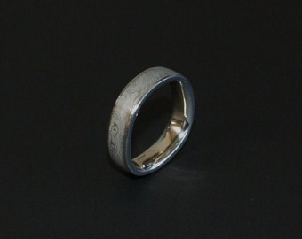 5mm Finger Shaped Stainless Steel Damascus Ring with recycled 950 Palladium Rails