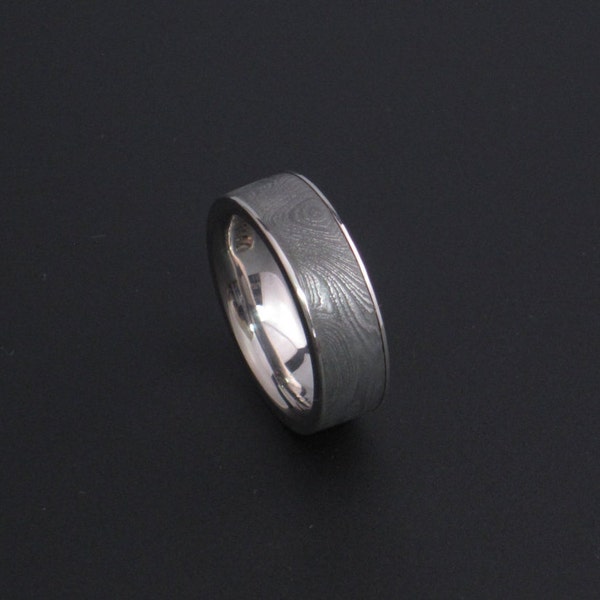 Stainless Steel Damascus 'Banded Ladder' patterned ring with recycled Sterling Silver Rails