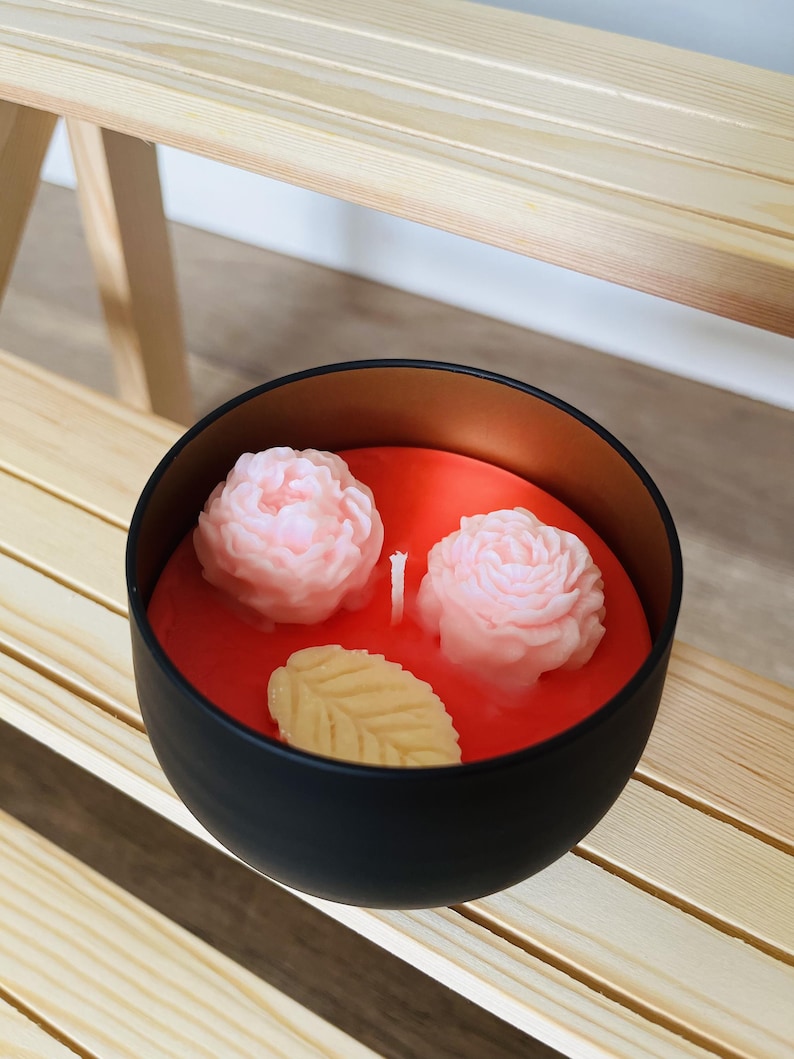 Rose flower candle bowl with pink peonies on red soy wax
