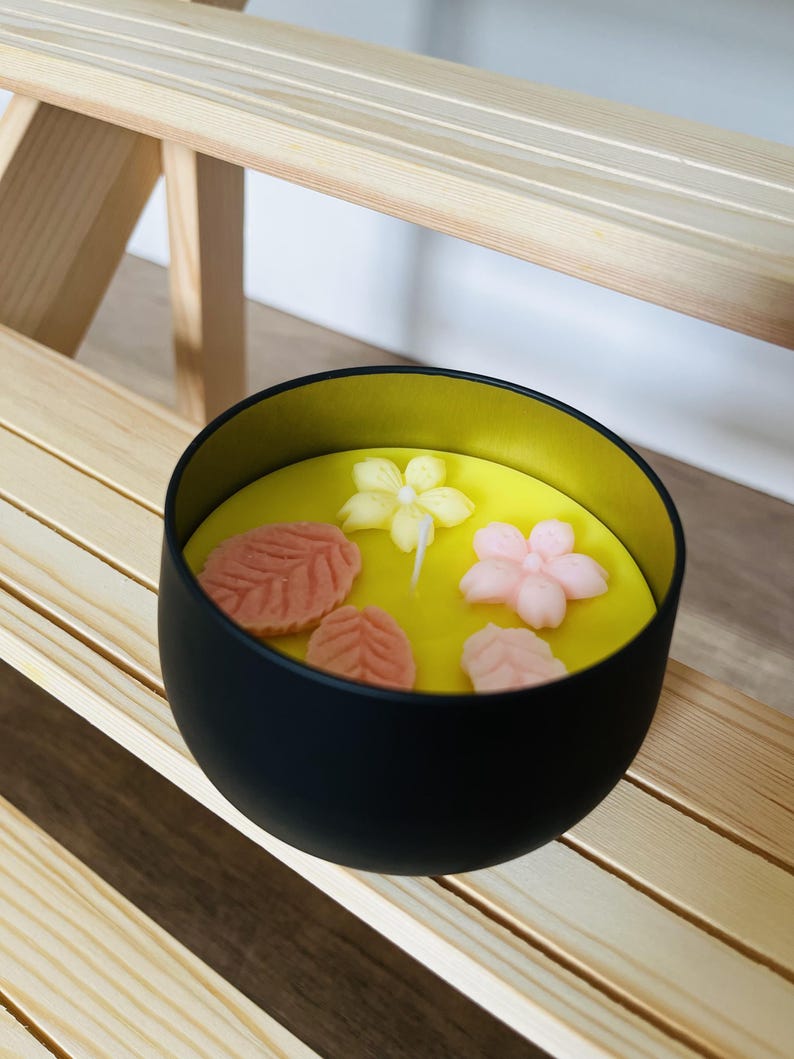 Lemon scented candle bowl with cherry blossom on yellow soy wax