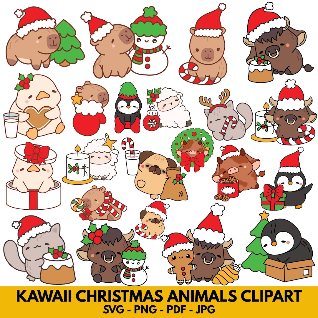 Kawaii Christmas Animal Clipart Bundle, Happy Christmas Day Clipart Png ...