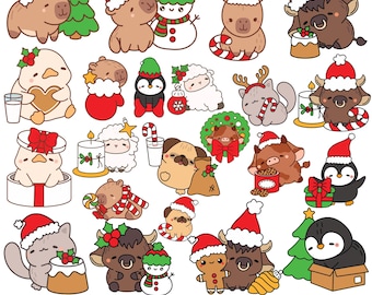 May include: A collection of kawaii Christmas animal clipart. The illustrations feature various animals such as capybaras, penguins, and sheep, all wearing Santa hats and festive accessories. The image includes the text "KAWAII CHRISTMAS ANIMALS CLIPART".